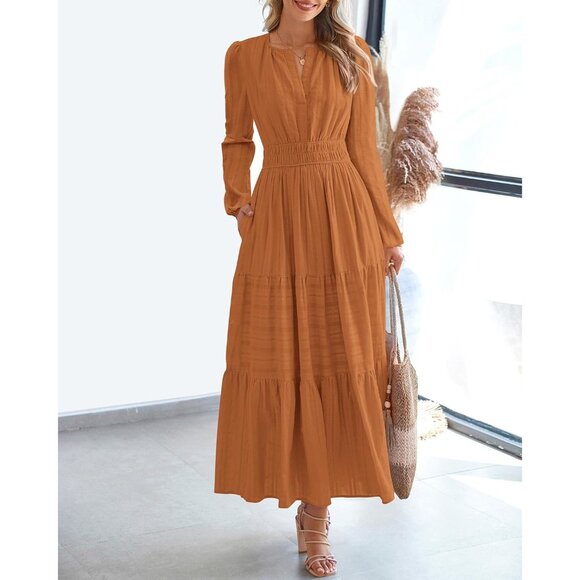 Women Brown Orange Long Sleeve V Neck Elastic Waist Maxi Dress With Pockets - Picture 8 of 8